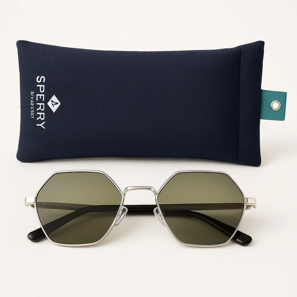 Sperry Silver Hexagonal Sunglasses with Navy Case